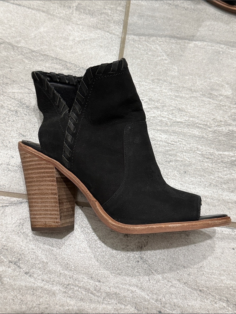 Women’s Black Suede Peep-Toe Block Heel Booties
